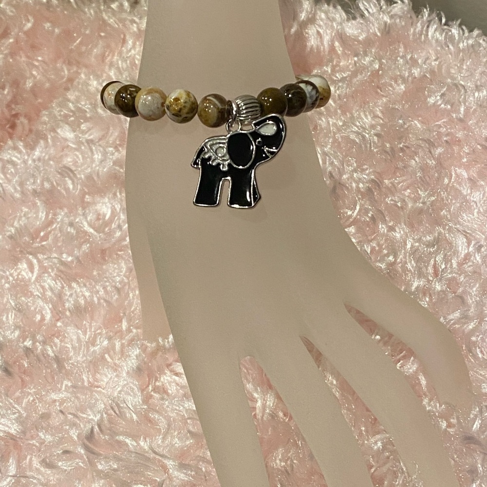 Stretch Bracelet Petrified Wood Agate and Eamel Elephant Charm